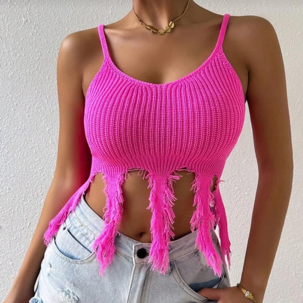 Pink Fringe Knit Crop Top - Picture 1 of 8